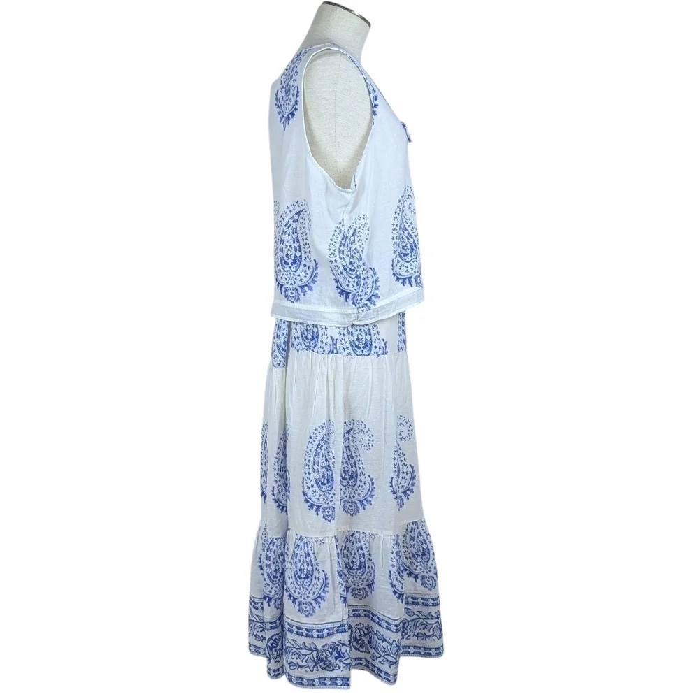 Lucky Brand Sleeveless Top Midi Skirt Set Cotton Paisley Print White Blue XL NWT